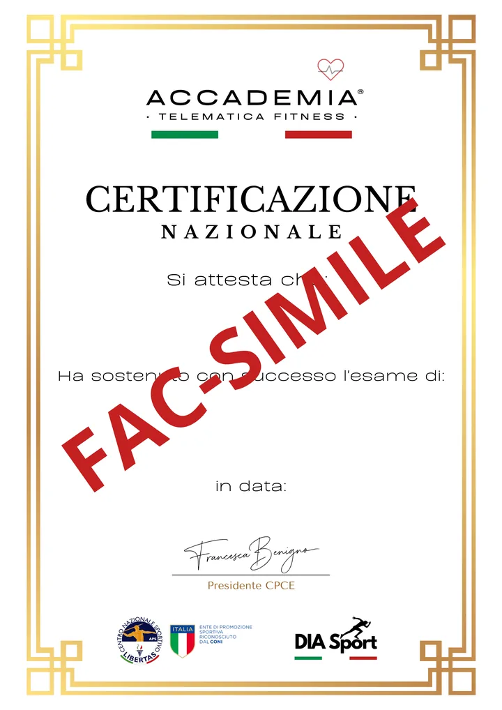 Fac-simile della Certificazione Nazionale Accademia Telematica Fitness